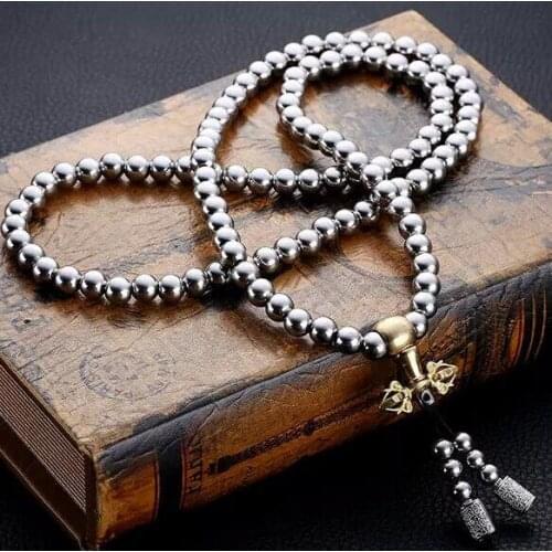 Tactical 8MM Steel Chain Buddha Beads Self Defense Hand Bracelet Necklace EDC Outdoor Tools Self Protection Survival