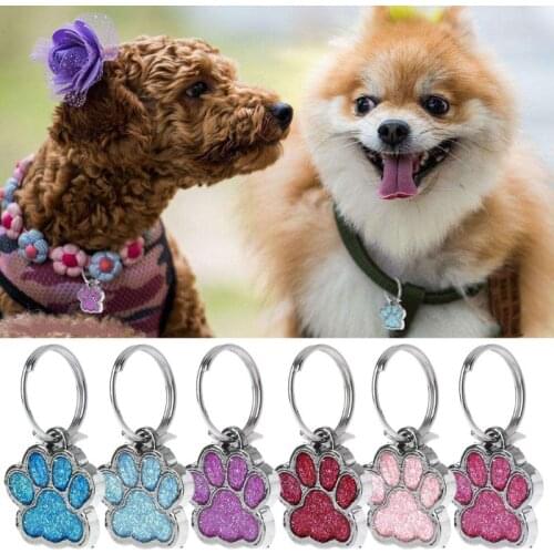 Pet Collar Tag Shiny Glitter Paw Shape Pet Dog Cat ID Tag Keychain With Ring