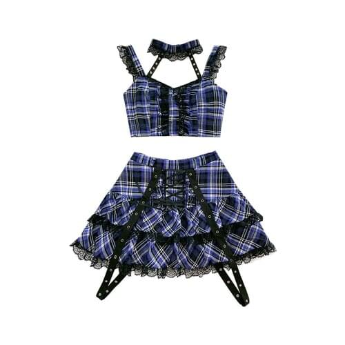 New Japanese Harajuku Style Girls Blue Plaid High Waist Pleated Skirts Sweet Mini Cake Skirts Kawaii Cosplay Hot Girl Suit