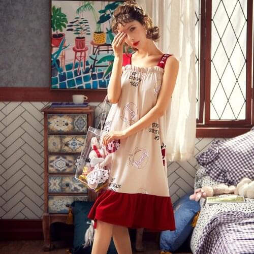 Fashion Leisure Cute Printing Silk Spaghetti Strap Knee-Length Long Skirt Bowknot Women Pajama Large Size Home Wear Nightwear