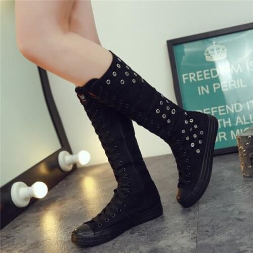 2019 New Spring autumn Women Shoes Canvas Casual High Top Shoes Long Boots Lace-Up Zipper Comfortable Flat boots sneakers