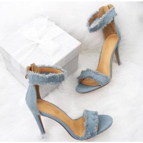2018 Summer Hot Blue Distressed Denim Open Toe Sandals Zipper Back Female Dress Shoes Sexy Stiletto Ladies Fashion High Heels
