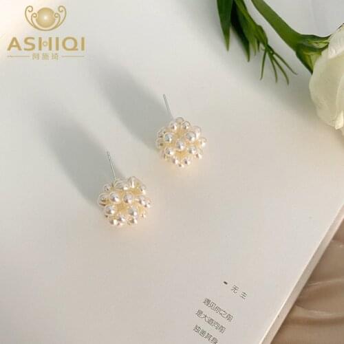 ASHIQI Natural pearl woven flower ball earrings high-end temperament earrings, womens 2021 trend