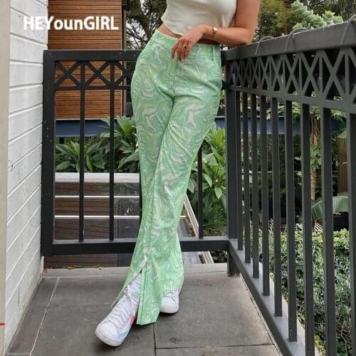 HEYounGIRL Casual High Waist Vintage Pants Women Fashion Green Split Side Long Trousers Ladies Elegant Y2K 90s Streetwear 2021