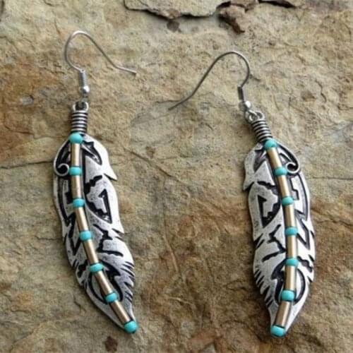 2021 Hot Vintage Bohemia Feather Dangle Earring For Women Fashion Blue Stone Silver Color Female Jewelry Boho Party Gifts