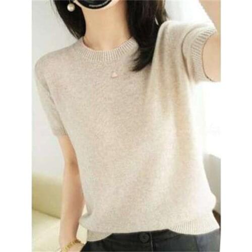 Womens Knitted Sweater Short Sleeves Solid O-Neck Top Short Stylish Casual Pullover Jumper Elastic Jacket Sweater Shirt H692