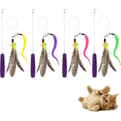 3Pcs Pet Cats Teaser Retractable Wand Feather Worm Bell Replacement Head Funny Play Toys Easy for Gripping High quality
