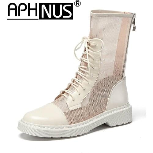 APHNUS Womens Boots Motorcycle Cow Leather Cut Outs Low Mid Heels Pumps Flats Woman 2021 Shoes For Women New Zipper