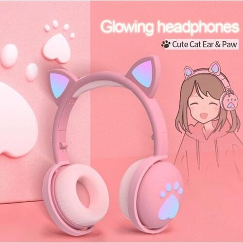 BK1 BT 5.0 Wireless Headphones RGB Glowing Lights Cute LED Cat Ear Paw Girls Gift Kids Headset Wireless Stereo Bass 3.5mm Plug