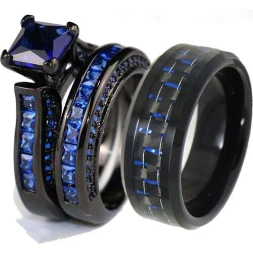 Carofeez Fashion Jewelry Couple Rings for lovers Women Blue AAA Zircon Rings Set Simple Weave Pattern Men Rings Wedding Band