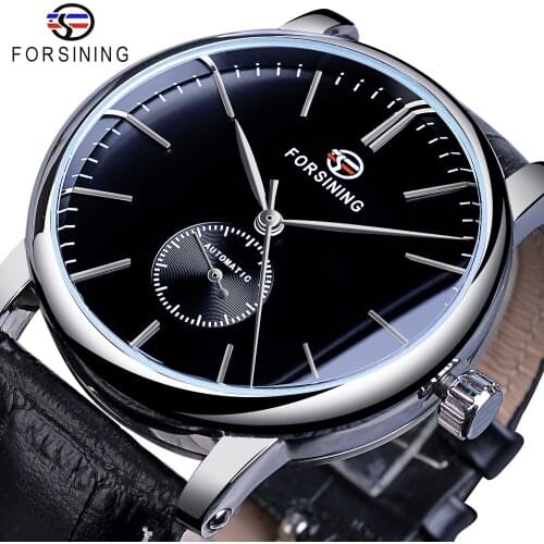 Forsining Minimalist Mens Mechanical Watch Black Slim Dial Automatic Casual Genuine Leather Clock Male Wristwatch Relogio Saati