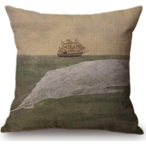 Whale Ocean Animal Cushion Cover Vintage Sketch Whales and Sailboat Printed Cotton Linen Home Decoration Sofa Throw Pillow Cover