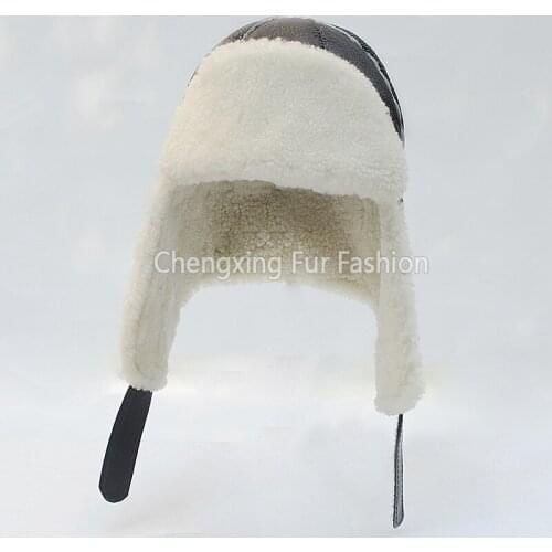 CX-C-265A European Earflap Design Mens Cap Genuine Shearing Sheepskin Fur Russian Hat