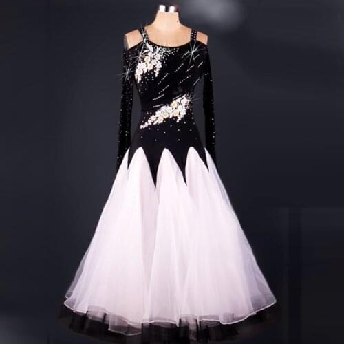 Customized Ballroom Dance Competition Dresse Flamenco Standard Dance Dresses Waltz Tango with Rhinestones Long Sleeve