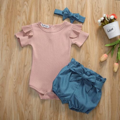 Citgeett Summer Newborn Baby Girl Kid Short Sleeve Tops Solid Romper Shorts Headband Outfit Clothes Set