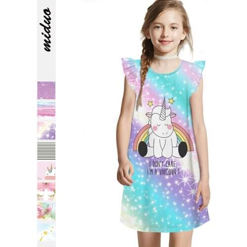 Summer Dress Unicorn Print Girls Dress Homewear Pajama Clothes Round Neck Flying Sleeve Loose Childrens Dresses Home Nightdress