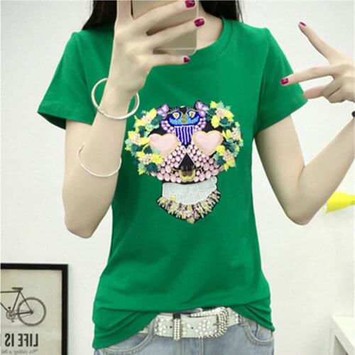 Summer Retro Pearl Beading T-Shirts Women Flower Embroidery Tee Shirt Elegant Female Tops Blusa