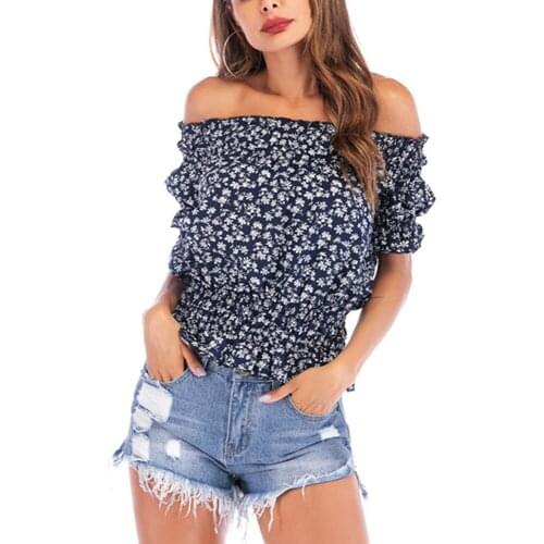 Summer Sexy Strapless Floral Chiffon Shirt Puff Sleeve Top Girls Casual Women Printed Blue European American Female Slash Neck