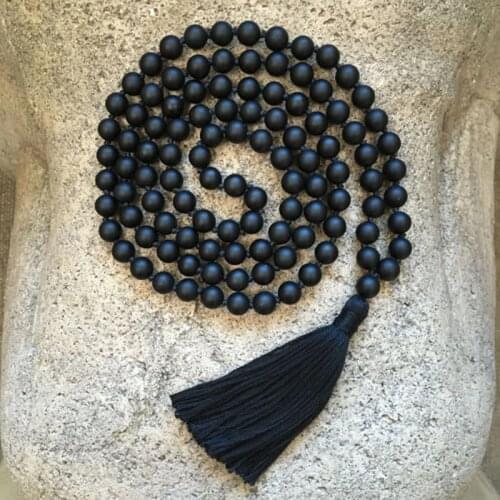 Matte Black Onyx 108 Beads Hand Knotted Mala Necklace Handmade Black Tassel Yoga Jewelry Meditation Prayer Mala Necklace Collar