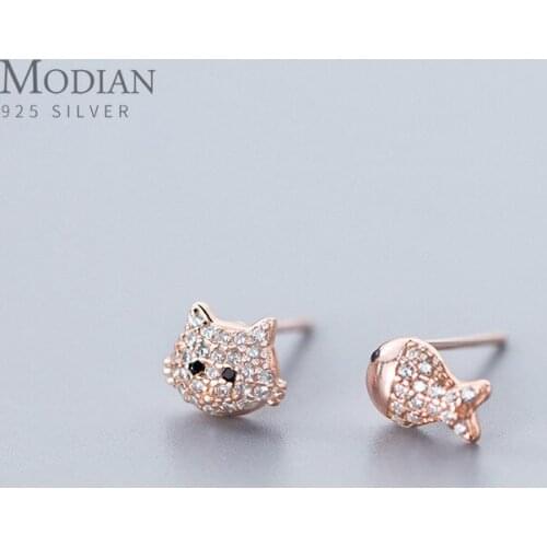 MODIAN Dazzzling Clear CZ Cute Cat Face Fish Asymmetry Stud Earring for Women 925 Sterling Silver Animal Ear Studs Fine Jewelry