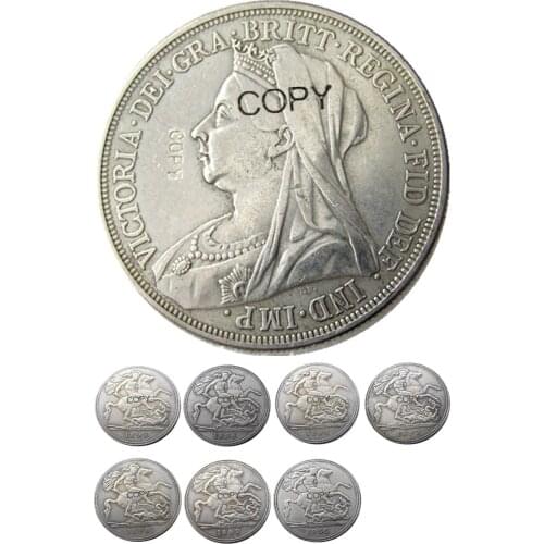 A set of(1893-1900) 7pcs Great Britain silver crown Queen Victoria veiled head Silver Plated Copy coin