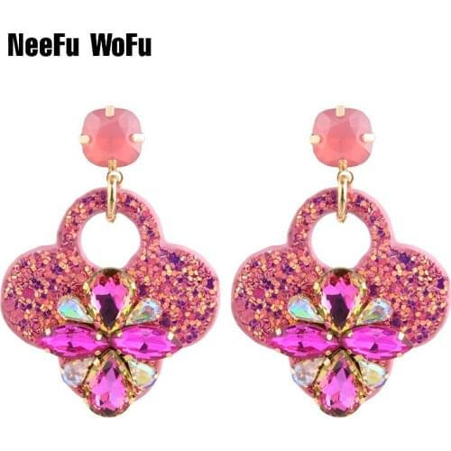 NeeFu WoFu Drop Flash Leather Earrings Clover Crystal Big Earring Large Long Brinco Ear Accessories Oorbellen Christmas Gift