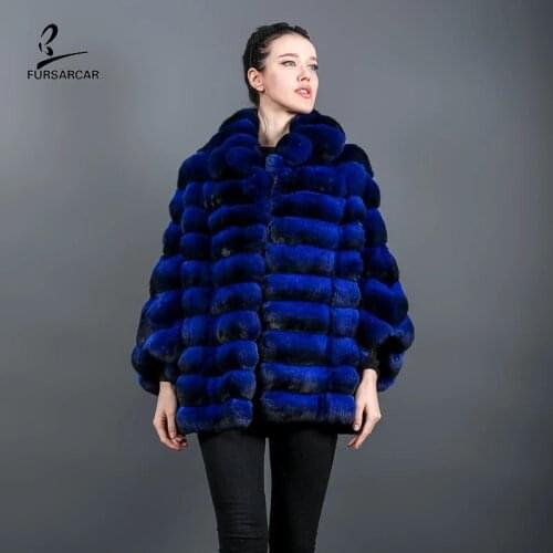 FURSARCAR NEW 2020 Luxury Real Rex Rabbit Fur Coat Winter Women Chinchilla Jacket 70cm Blue Color Natural Rabbit Fur Outwear