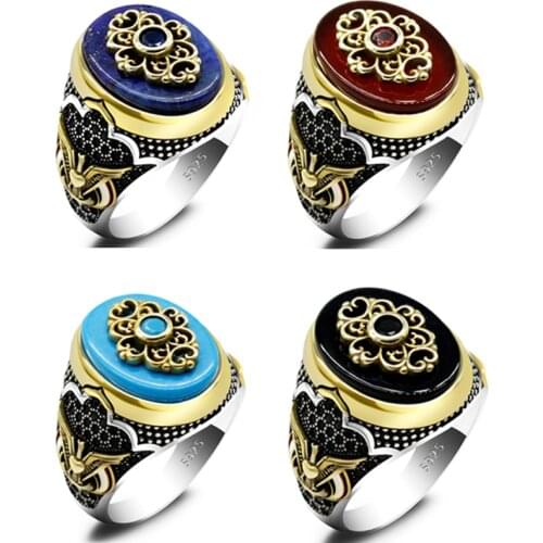 New style red agate 925 sterling silver mens ring, flat black natural agate stone ladies ring, lapis lazuli, turquoise neutral