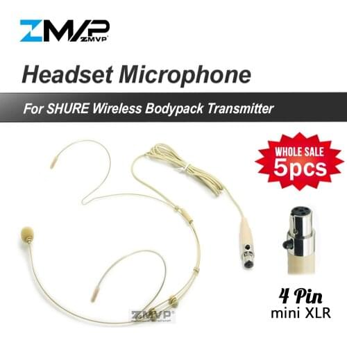 5pcs/lot Professional 4pin XLR TA4F Headset Headworn Cardioid Condenser Microphone For Shure Wireless Bodypack Transmitter input