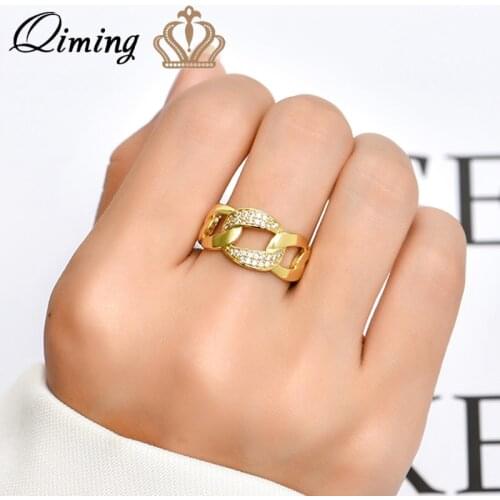 QIMING Exaggerated Miami Cuba Rings For Women Men Metal Crystal Zircon Vintage Jewelry Open Ring Gift Anillos Mujer