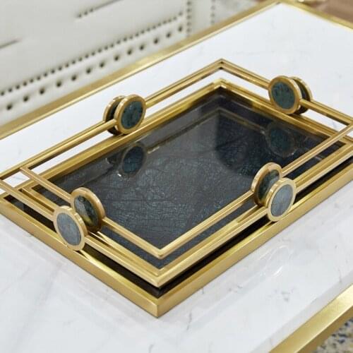 Luxury Green Marble Texture Glass Tray Model Room Living Room Coffee Table Decoration Ornament Square Hand Golden Metal Tray