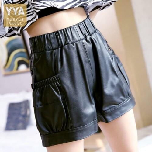High Street Women Casual Elastic Waist Loose Fit Shorts Pockets Moto Biker Sheepskin Genuine Leather Shorts Wide Leg Trousers