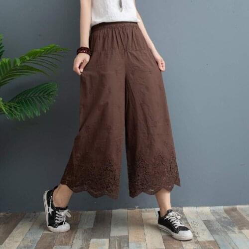 Early Spring Literature Hollow out Lace Cotton linen Wide Leg Pants Loose Retro Cropped Trousers Women