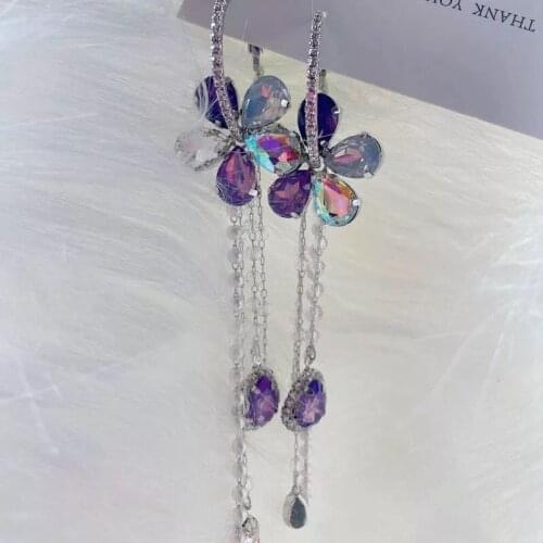 Korean Style Purple Flower Crystal Dangle Earrings for Women Bijoux Long Tassel Water Drop Earrings Weddings Jewelry