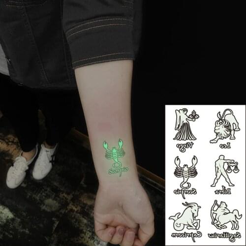 Waterproof Temporary Luminous Tattoo Sticker Leo Virgo Scorpio Libra Sagittarius Constellation Flash Fake Tatto for Women Men