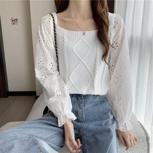 Knit Embroidery Patchwork Tops Women Knitted Square Collar Long Flare Sleeve Pullovers Hollow Out Blouse Female Casual Sweet Top