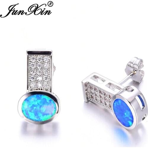 JUNXIN Geometric Design Female Blue Fire Opal Stud Earring Silver Color Jewelry Double Earrings For Women