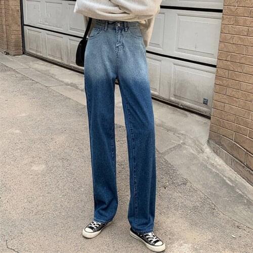 Autumn 2021 New Vintage Gradient Straight Womens Jeans Casual Pants Full Length Female Denim Washed Blue Loose Trousers Mujer