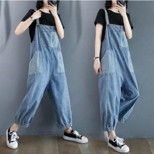 #2364 Summer Casual Wide Leg Jumpsuits Women Retro Spaghetti Strap Jeans Jumpsuit Femme Loose Harem Denim Overalls Ankle-length