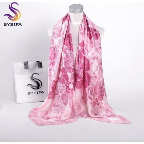 [BYSIFA] Winter Plaid Floral Silk Scarf Shawl Cape Women Fashion Brand Pink Satin Large Square Scarves Wraps Foulard 130*130cm