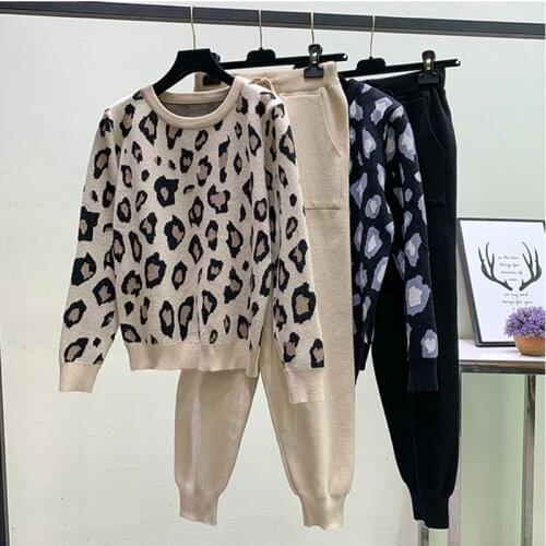 New Fashion Autumn Winter Women Suit Long Sleeve Leopard Knitted Pullover Sweater&Elastic Waist Trousers Tracksuits 2-Piece Set