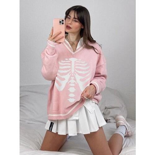Retro Harajuku Skull Print Women Knitted Sweater Y2k Casual Long Sleeve V-neck Streetwear Warm Pullovers Jumper Femme Sweaters