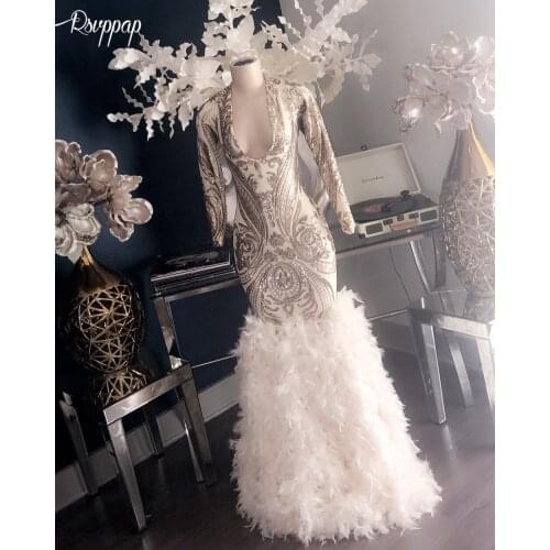 Long Trumpet Prom Dress 2020 New Design Mermaid V-neck Long Sleeve Silver Sequin White Feather African Black Girl Prom Dress