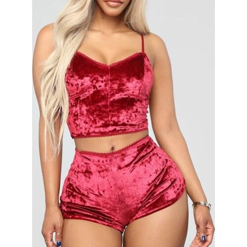 2pcs Women Sexy Lingerie Velvet Sleepwear Spaghetti Strap Shorts Pajamas Suit Ladies Casual Sleepwear Female Pajama Set