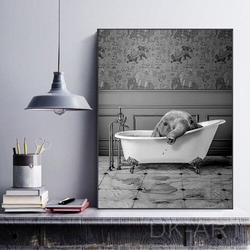 Animals in Bathtub Posters and Prints Funny Elephant Bubble Canvas Painting Wall Art Pictures for Childrens Bathroom Home Decor