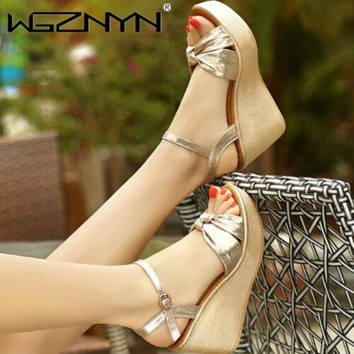 2021 Wedges Sandals Woman Fashion Summer Heels Womens Ankle Buckle Strap Shoes for Female Footwear Peep Toe Black Gold Sandals
