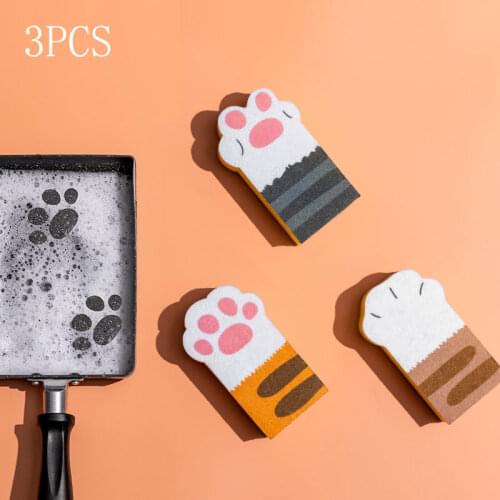 3PCS Sponge Cleaning Brushes Cat Paw Cleaning Sponge Household Kitchen Items Washing Dishes Brush Pan To Remove Grease
