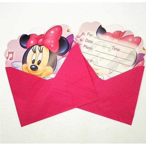 6pcs/lot Cartoon Minnie Mouse Supplies Party Invitation Card Childrens Birthday Decorations Kids Festival Supplies