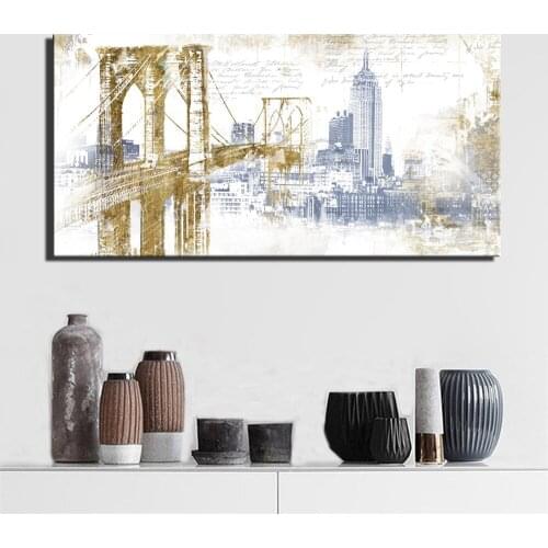 Abstract Bridge Cuadros Pictures Golden Color Transporter Bridge Modern City Landscape Posters And Prints For Living Room Wall