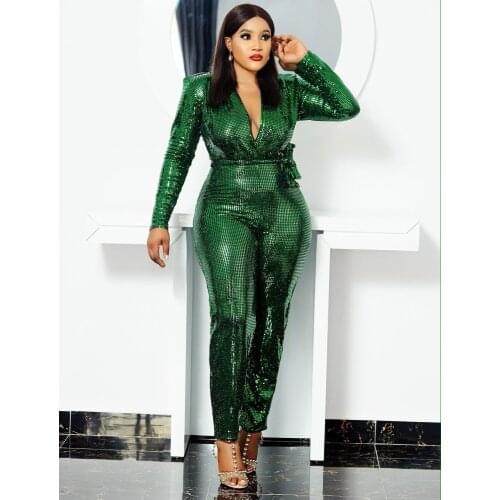African Women Plus Size Long Jumpsuit Summer Sexy African Long Sleeve V-neck Blue Green Jumpsuit African Clothes S-5XL